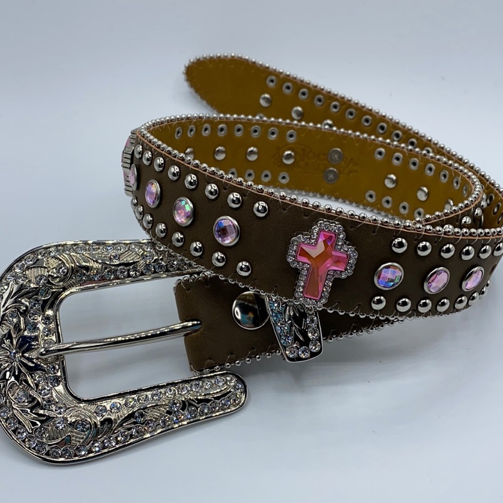 Nocona Brown Kids Belt with Pink Cross and Iridescent Studs